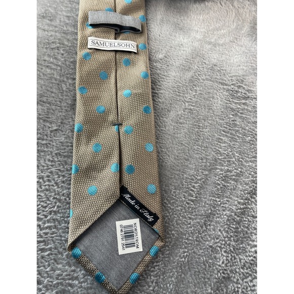 Samuelsohn Nordstrom Mens Tie Beige Blue Polka Dot Silk Made in Italy‎ - Picture 5 of 9